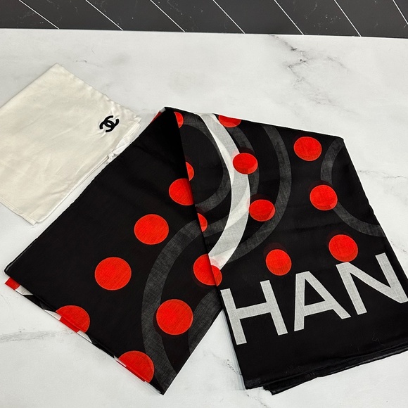 CHANEL CC logos cotton scarf pareo wrap black lightweight red polka dots white - Picture 1 of 6